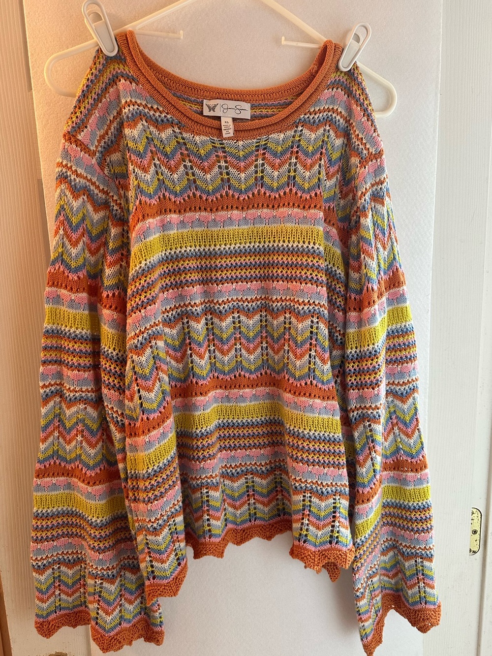 Jessica Simpson Multicolor Chevron Knit Sweater in Peach, Yellow & Blue